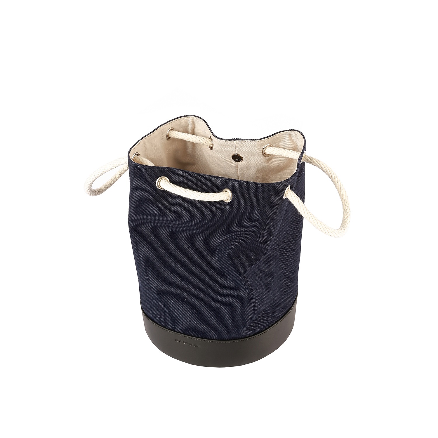 leather mixed canvas bucket bag navy